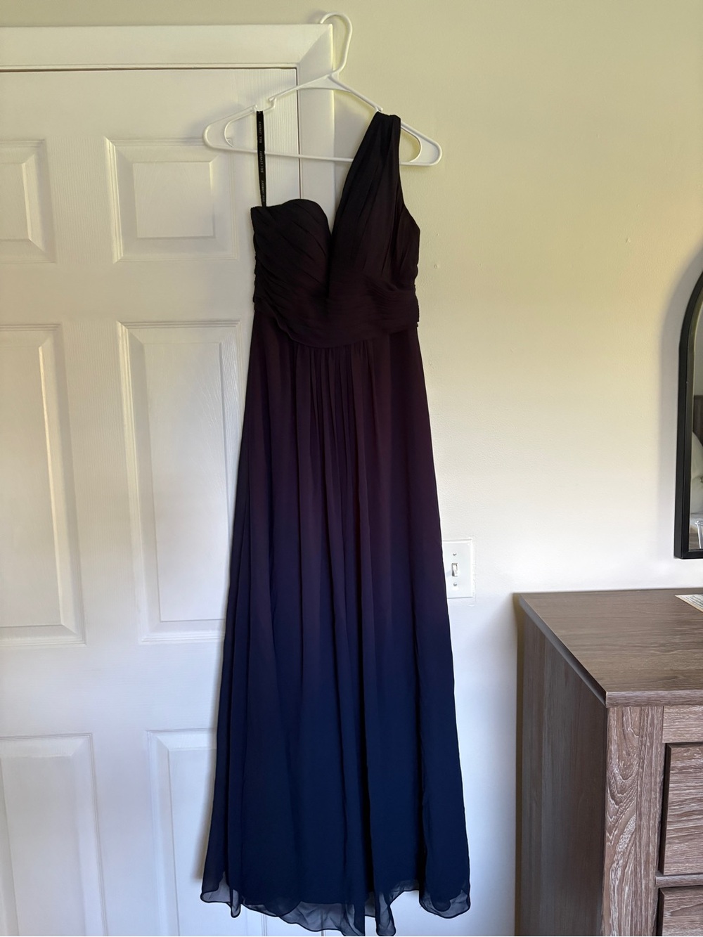 Bill Levkoff One-Shoulder Dark Navy Chiffon Gown